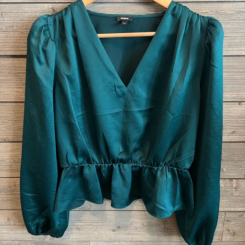 Express Women's Deep Teal V-Neck Peplum Blouse